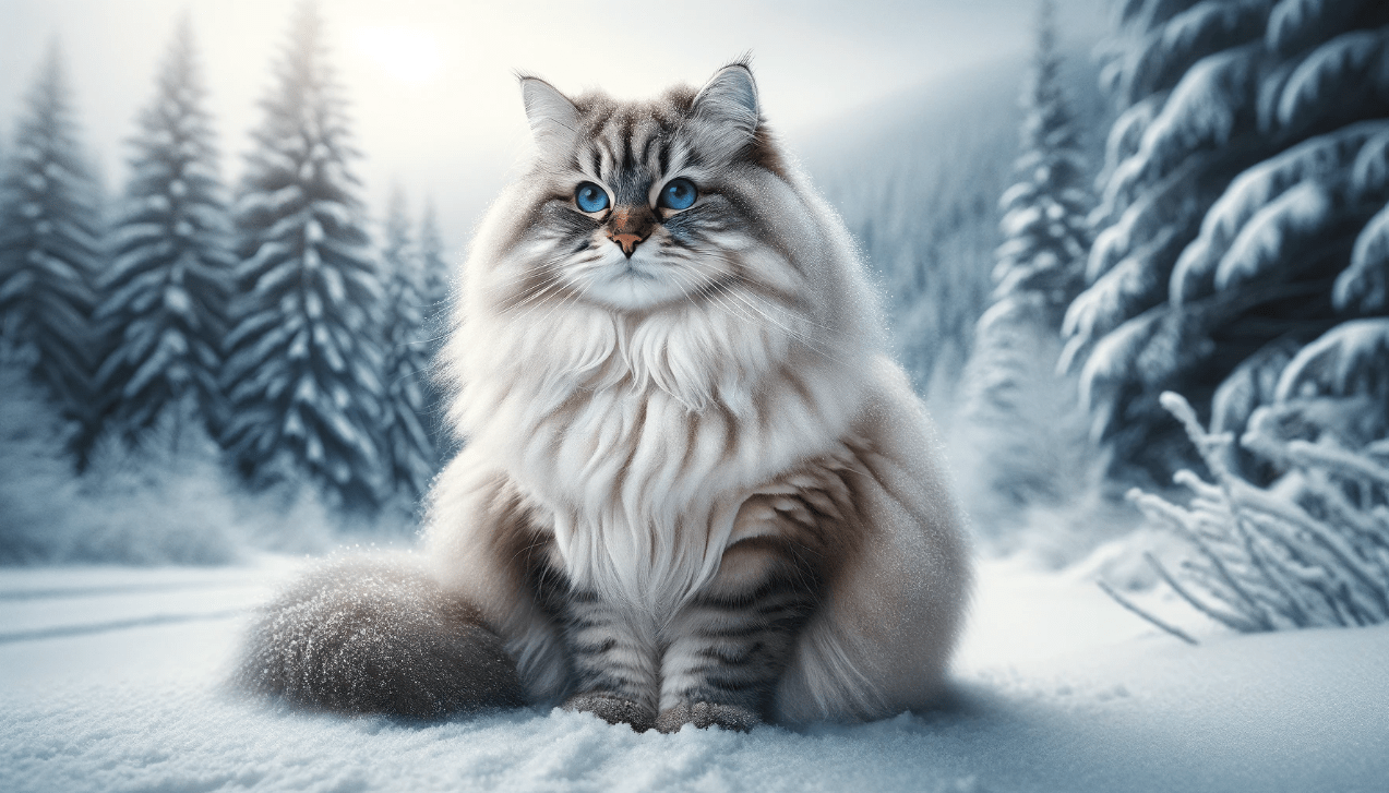 kot syberyjski siedzący na śniegu