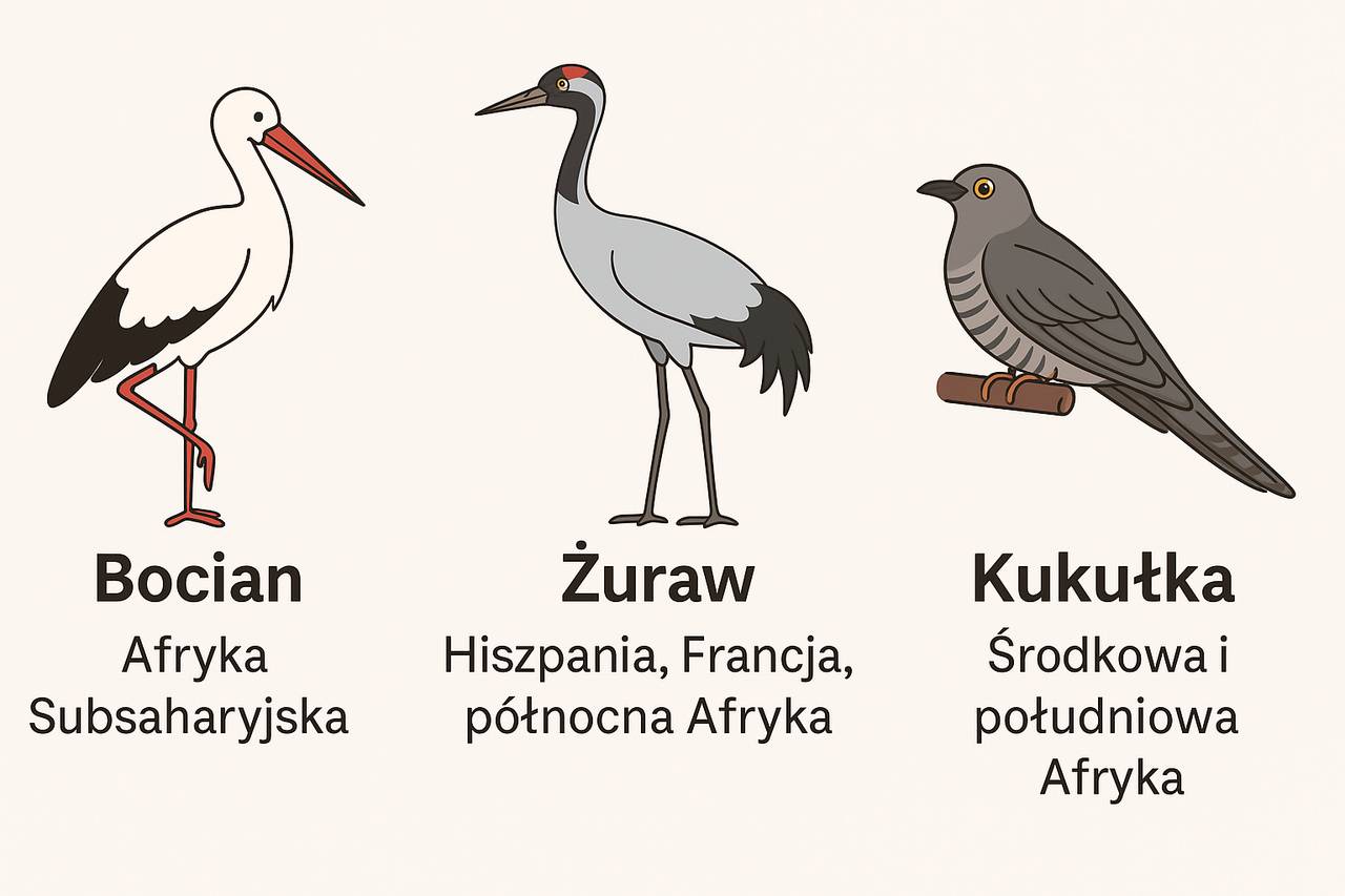 infografika zimowych migracji bociana, żurawia i kukułki