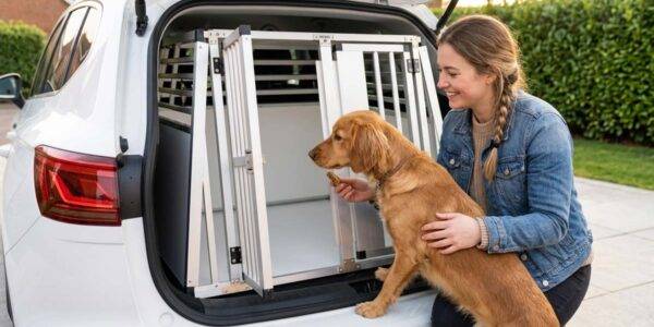 Uśmiechnięta kobieta zachęca smakołykiem golden retrievera do wejścia do metalowej klatki transportowej w bagażniku samochodu.