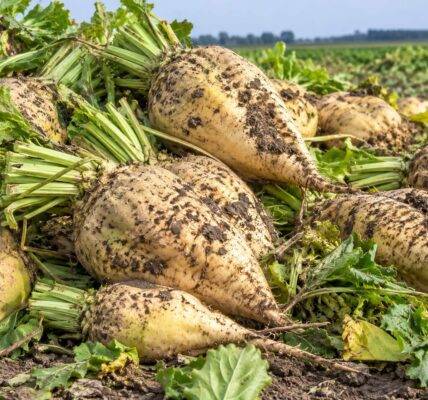 Świeżo zebrane buraki pastewne leżące na polu po zbiorach.