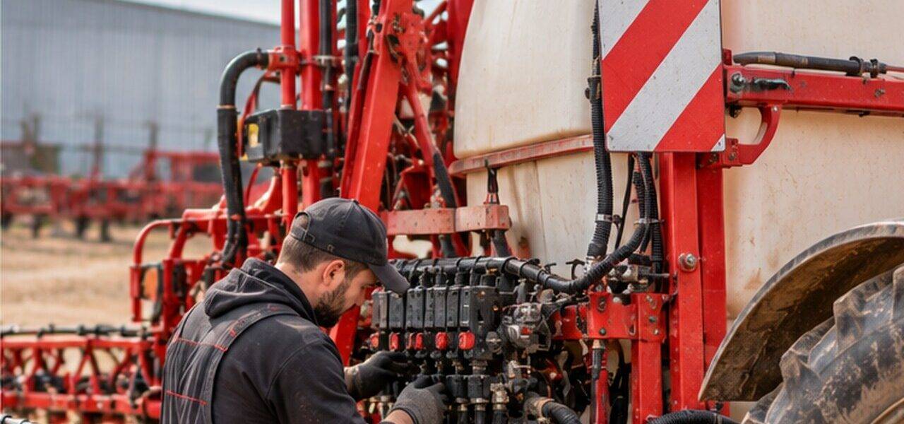 Mechanik podczas przeglądu i naprawy układu zaworów opryskiwacza rolniczego.