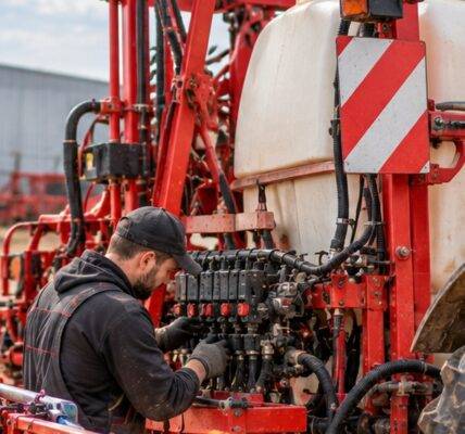 Mechanik podczas przeglądu i naprawy układu zaworów opryskiwacza rolniczego.
