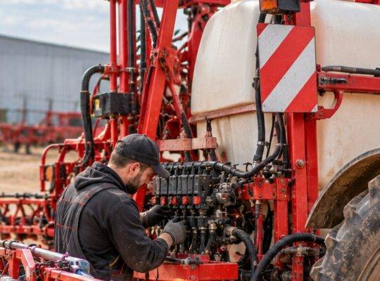 Mechanik podczas przeglądu i naprawy układu zaworów opryskiwacza rolniczego.